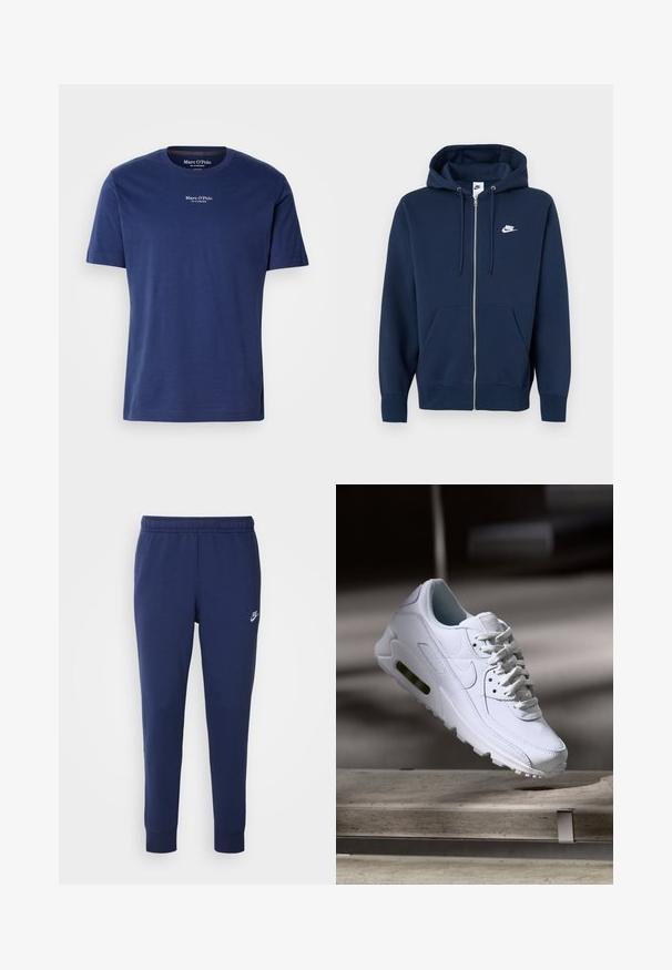 Tamsiai mėlynas striukės tipo džemperis su užtrauktuku, priekine kišene, gobtuvu su raišteliais ir baltu Nike logotipu kairėje krūtinės pusėje. Pagamintas iš minkštos medžiagos.; Tamsiai mėlynas medvilninis marškinėliai su trumpomis rankovėmis, apvalia iškirpte ir mažuoju baltu logotipu ant krūtinės. Lygi tekstūra ir laisvas siluetas.; Tamsiai mėlynos Nike sportinės kelnės, pagamintos iš minkštos medvilnės mišinio, su elastinga liemene, siaurėjančiomis kojomis ir mažuoju baltu logotipu šone.; Baltos odinės спортивiniai bateliai su tekstūruotomis paviršiais, paminkštinta apykakle ir matomu oro amortizatoriumi padu. Yra raišteliai ir minimalistinis dizainas.