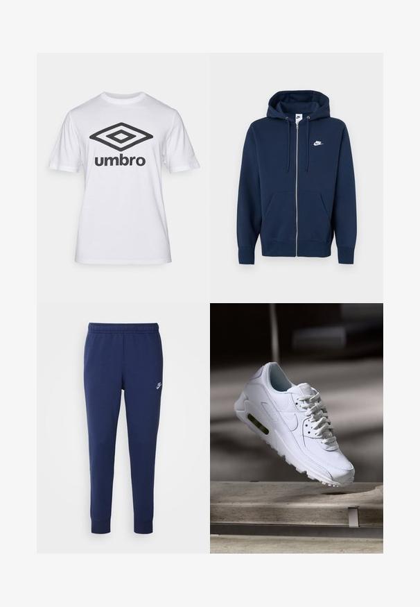 Marineblauwe zip-up hoodie met een voorzak, trekkoord in de capuchon en een wit Nike-logo op de linkerborst. Gemaakt van zacht materiaal.; Witte katoenen t-shirt met een groot zwart 'Umbro' logo en een diamantgrafiek op de voorkant. Korte mouwen, ronde hals, klassieke pasvorm.; Marineblauwe Nike-zweetbroek gemaakt van een zachte katoenmix, met een elastische tailleband, taps toelopende pijpen en een klein wit logo aan de zijkant.; Witte leren sneaker met gestructureerde oppervlakken, gevoerde kraag en zichtbare luchtbescherming in de zool. Heeft veters en een minimalistisch ontwerp.