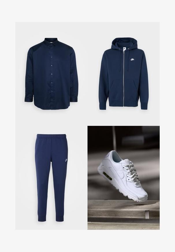 Granatowa bluza z zamkiem, z przednią kieszenią, regulowanymi sznurkami i białym logo Nike po lewej stronie klatki piersiowej. Miękka, teksturowana tkanina.; Granatowa koszula zapinana na guziki, wykonana z gładkiego materiału, z klasycznym kołnierzykiem, długimi rękawami i przednim zapięciem na guziki w pasujących kolorach.; Granatowe spodnie dresowe Nike z miękkiej mieszanki bawełny, z elastycznym pasem, zwężającymi się nogawkami oraz małym białym logo z boku.; Białe skórzane sneakersy z teksturowanymi powierzchniami, wyściełanym kołnierzem i widoczną poduszką powietrzną w podeszwie. Posiadają sznurówki i minimalistyczny design.