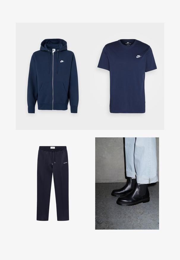 Sweatshirt azul-marinho com fecho, bolso frontal, cordões ajustáveis e logótipo branco da Nike no lado esquerdo do peito. Tecido suave e texturizado.; T-shirt de algodão azul-marinho com decote redondo e mangas curtas. Apresenta um logo branco da Nike no peito esquerdo e uma barra reta.; Calças de treino azul-marinho com cintura ajustável por cordão, pernas ajustadas, costuras laterais e um logótipo branco "LES DEUX" na perna esquerda. Feitas de um tecido suave.; Botas Chelsea pretas de pele com painéis laterais elásticos e sola de borracha texturizada, combinadas com jeans de ganga azul clara com bainha dobrada.