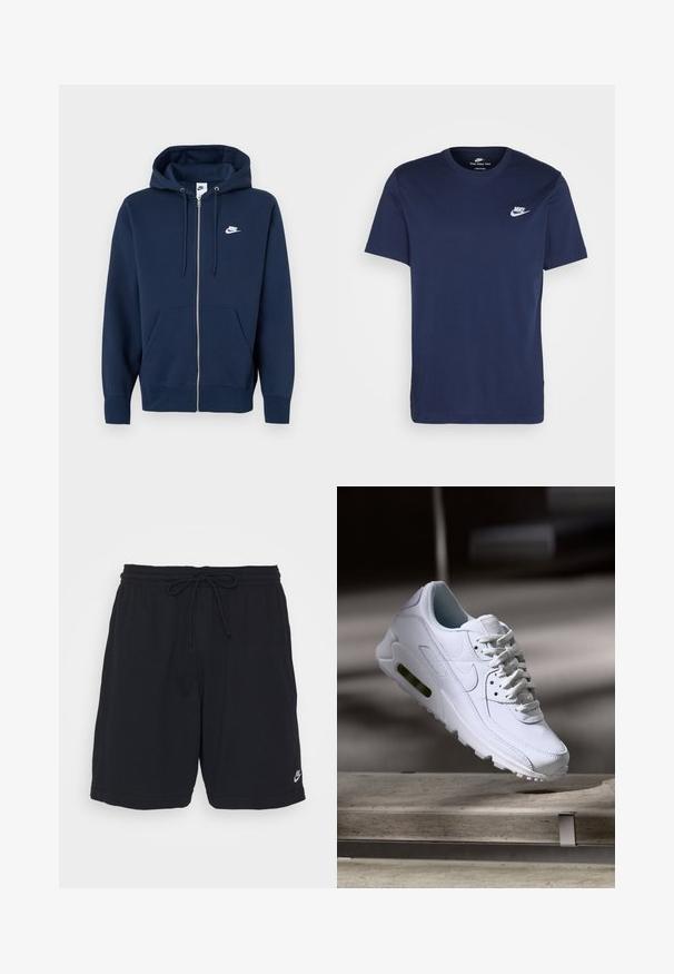 Hanorac cu fermoar de culoare bleumarin, dotat cu un buzunar frontal, sireturi ajustabile și un logo alb Nike pe partea stângă a pieptului. Țesătură moale și texturată.; Tricou din bumbac de culoare bleumarin, cu gât rotund și mâneci scurte. Prezentă un logo alb Nike pe partea stângă a pieptului și un tiv drept.; Pantaloni scurți sport negri, dintr-un material moale, cu talie elastică, șnur de strângere și un mic logo imprimat pe piciorul stâng, în partea de jos.; Adidași din piele albă cu suprafețe texturate, guler căptușit și amortizare vizibilă în talpă. Prezintă sireturi și un design minimalist.