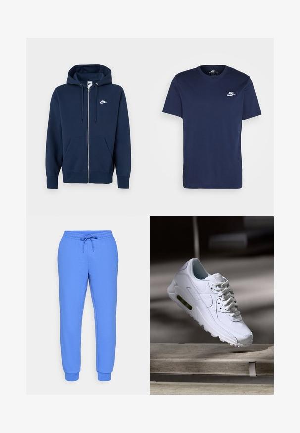 Navyfarbener Zip-Hoodie mit frontaler Tasche, verstellbaren Kordelzügen und weißem Nike-Logo auf der linken Brust. Weicher, strukturierten Stoff.; Marineblaues Baumwoll-T-Shirt mit Rundhalsausschnitt und kurzen Ärmeln. Verfügt über ein weißes Nike-Logo auf der linken Brust und einen geraden Saum.; Blaue Sweatpants aus einem glatten Stoff mit einem elastischen Bund, verstellbarem Kordelzug, Seitentaschen und gerippten Knöchelabschlüssen.; Weiße Lederturnschuhe mit strukturierten Oberflächen, gepolstertem Kragen und sichtbarer Luftpolsterung in der Sohle. Verfügt über Schnürsenkel und ein minimalistisches Design.