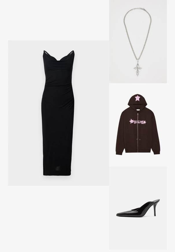 Smeđa zip-up dukserica s rozim akcentom zvijezde na kapuljači, s rozim grafičkim tekstom i dizajnom zvijezde sprijeda. Sadrži prednje džepove.; Crna, uska haljina s V-izrezom i tankim naramenicama. Izrađena od glatke tkanine, s bočnim nabiranjem i dužinom do koljena.; Crne lakirane kožne visoke potpetice mule s šiljastim prstom i elegantnom siluetom, s otvorenom poleđinom i vitkom stiletto potpeticom.; Srebrna lančana ogrlica sa velikim, ukrašenim privjeskom u obliku križa s oštrim detaljima i sjajnom završnom obradom. Lanac je debeo i ravan.