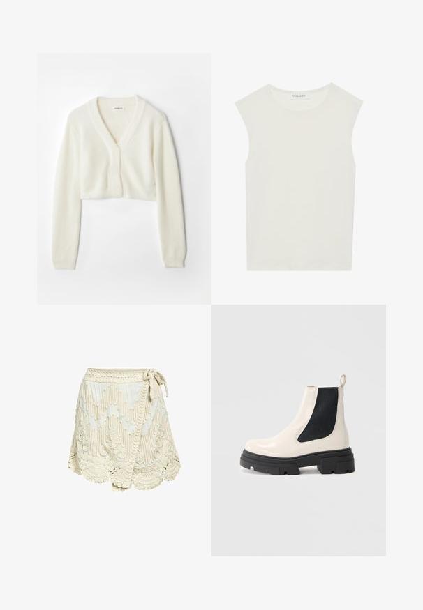 Forkortet cardigan i blødt hvidt stof med V-hals, lange ærmer og struktureret detaljer, med knaplukning foran.; Hvid ærmeløs top med rund halsudskæring. Lavet af glat stof, har den en afslappet pasform og minimalistisk design. Ingen mønstre eller accenter.; Cremefarvet omslagskirt med tekstureret broderi, der har en bølget kant og bindebånd i taljen. Lavet af letvægtsstof med detaljerede mønstre.; Creme læder Chelsea støvle med kraftig sort sål og elastisk sort sidepanel mod en simpel hvid baggrund.