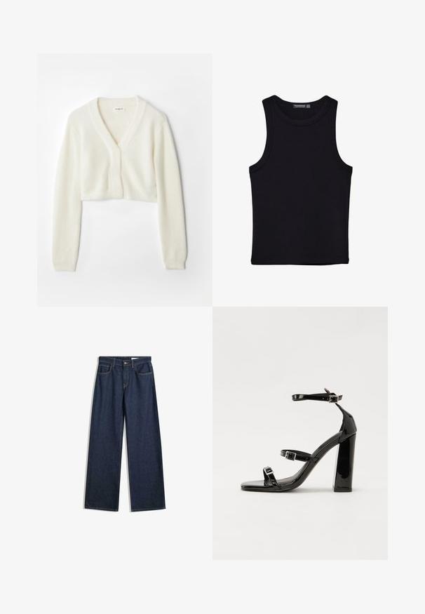 Skrajšani kardigan iz mehkega belega blaga z v-izrezom, dolgimi rokavi in teksturiranimi detajli, ki ima spredaj gumbasto zapiranje.; Črna majica brez rokavov iz bombaža, z okroglim izrezom in širokimi odprtinami za roke. Gladka tekstura s šivi na robovih. Klasičen, minimalističen dizajn.; Široke temne kavbojke z visokim pasom, petimi žepi, vidnimi šivi in gumbom za zapiranje. Imajo ravno prileganje in lažjo obrabo.; Črne lakaste sandale z visokimi petami, z dvema trakovoma z zaponkama, kvadratnim sprednjim delom in masivno širšo peto, z gladko, sijočo teksturo.