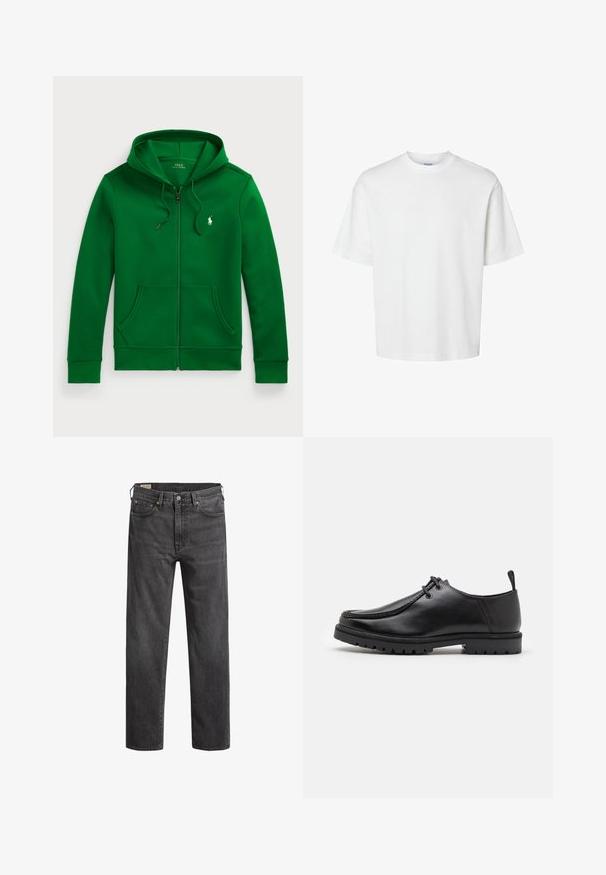 Felpa con zip verde, cappuccio regolabile, tasche a marsupio, polsini a coste e un piccolo logo bianco del polo sul petto. Tessuto morbido e lavorato.; T-shirt bianco in cotone con maniche corte, scollo rotondo e vestibilità rilassata. Texture liscia senza pattern o dettagli visibili.; Jeans in denim grigio scuro con taglio dritto, cinque tasche e rivetti in rame. Design classico con una texture leggermente sbiadita.; Scarpa nera in pelle con lacci e suola robusta, con un pratico anello sul tallone, vista di lato su sfondo bianco.