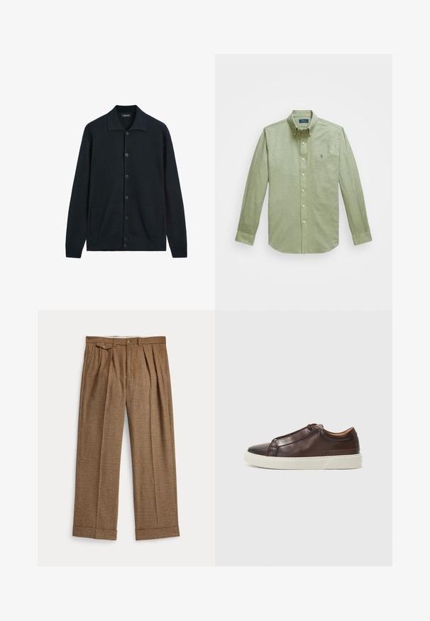 Dark navy cardigan made of textured knit fabric. Features a wide collar, six front buttons, and side pockets.; Light green long-sleeve button-up shirt, featuring a pointed collar, a small embroidered logo on the chest, and pearl buttons.; Brown checkered trousers with a pleated design, made from a textured fabric. Features a button closure and cuffed hems.; Brown leather sneaker with a rounded toe, contrasting white rubber sole, stitched accents, and no visible laces. Smooth texture overall.