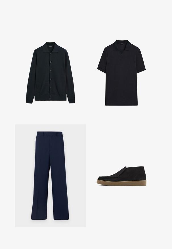 Dark navy cardigan made of textured knit fabric. Features a wide collar, six front buttons, and side pockets.; Black polo shirt made of cotton. Features a V-neckline, short sleeves, and a clean design without patterns or accents.; MSGM PANTALONE PANTS - Trousers - navy; Black suede shoe with a slip-on design, rounded toe, and a tan rubber outsole. Features subtle stitching and a textured upper surface.