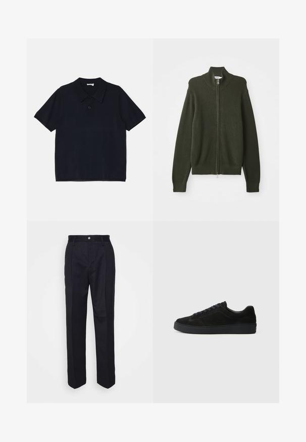 Tamsiai žalia juostuota megzta zip-up kardiganas su aukštu apykakle ir ilgomis rankovėmis, išdėstytas ant baltos fono.; Juodas trumpomis rankovėmis polo marškinėliai, pagaminti iš minkštos, lengvos medžiagos. Yra klasikinis apykaklė ir priekinis mygtukų uždarymas.; Juodos pritaikytos kelnes su tiesiomis kojomis, pagamintos iš lygaus audinio, turinčios priekinį mygtuko užsegimą ir dvi šonines kišenes.; Juodos suedinės sportbačiai su plokščiu, tekstūriniu padu, apvaliu pirštu, šešiais skylutėmis raištams ir minimalistišku dizainu.