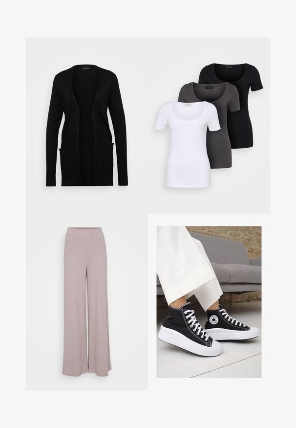 Zwarte cardigan met een open voorkant, gemaakt van zacht materiaal. Hij heeft lange mouwen en twee voorzakken. Eenvoudig ontwerp met ribbelaccenten.; Drie getailleerde T-shirts in het wit, grijs en zwart. Elk met een brede ronde hals en korte mouwen. Gemaakt van gladde, rekbare stof.; Wijdvallende broek gemaakt van zachte, geribbelde stof in een licht mauve kleur. Voorzien van een elastische tailleband voor comfort en een vloeiende silhouette.; Zwarte canvas hoge sneakers met witte rubberen zolen en veters. Voorzien van een cirkelvormig logo aan de zijkant en contrasterende witte stiksels.