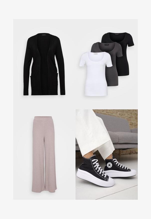 Cárdigan negro con un diseño abierto en la parte frontal, hecho de material suave. Tiene mangas largas y dos bolsillos delanteros. Diseño simple con acentos acanalados.; Tres camisetas ajustadas en blanco, gris y negro. Cada una cuenta con un escote amplio y mangas cortas. Están hechas de una tela suave y elástica.; Pantalones de pierna ancha hechos de una suave tela acanalada en un color malva claro. Cuentan con una cinturilla elástica para mayor comodidad y una silueta fluida.; Zapatillas altas negras con suelas de goma blancas y cordones blancos. Presentan un parche redondo con logo y costuras blancas contrastantes. Material de lona.