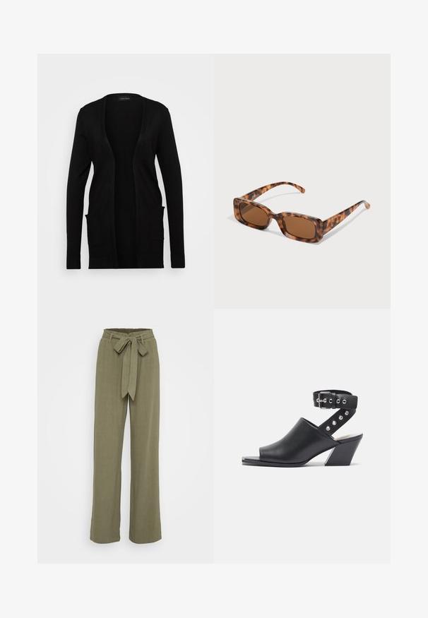 Sort cardigan med åben front, lavet af blødt materiale. Den har lange ærmer og to forlommer. Simpelt design med ribbede detaljer.; Tre tætsiddende T-shirts i hvid, grå og sort. Hver af dem har en bred scoop-udskæring og korte ærmer. Fremstillet af glat, strækbart stof.; Olivedrabe brede bukser med bælte i taljen, lavet af et tekstureret stof, der har en glat overflade og en skræddersyet pasform.; Åben tå sort læder sandal med hæl og ankelrem, med spænde lukning og sølvnitte detaljer på remmen, samt blokhæl.; Skildpaddemønster solbriller med rektangulære brune linser, en tyk ramme og slanke arme med et mønster af varierende nuancer af brune.