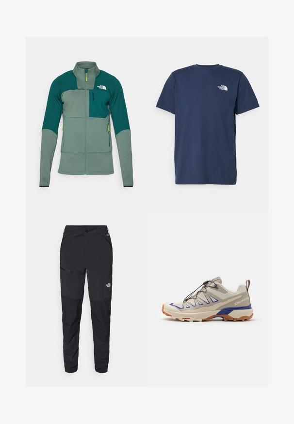 Jachetă exterioară verde, cu o țesătură texturată, guler înalt, fermoar frontal și panouri de culoare contrastantă, dotată cu un buzunar pe piept și logo.; Tricou din bumbac de culoare albastru marin, cu mâneci scurte și decolteu rotund. Previne un mic logo alb pe partea stângă a pieptului. Textură netedă.; Pantaloni negri pentru exterior cu o croială ajustată, realizați dintr-un material durable. Dispune de buzunare cu fermoar și branding discret pe piciorul din față.; Salomon X ULTRA 360 EDGE - Pantofi drumeție - almond milk/vintage khaki/spectrum blue