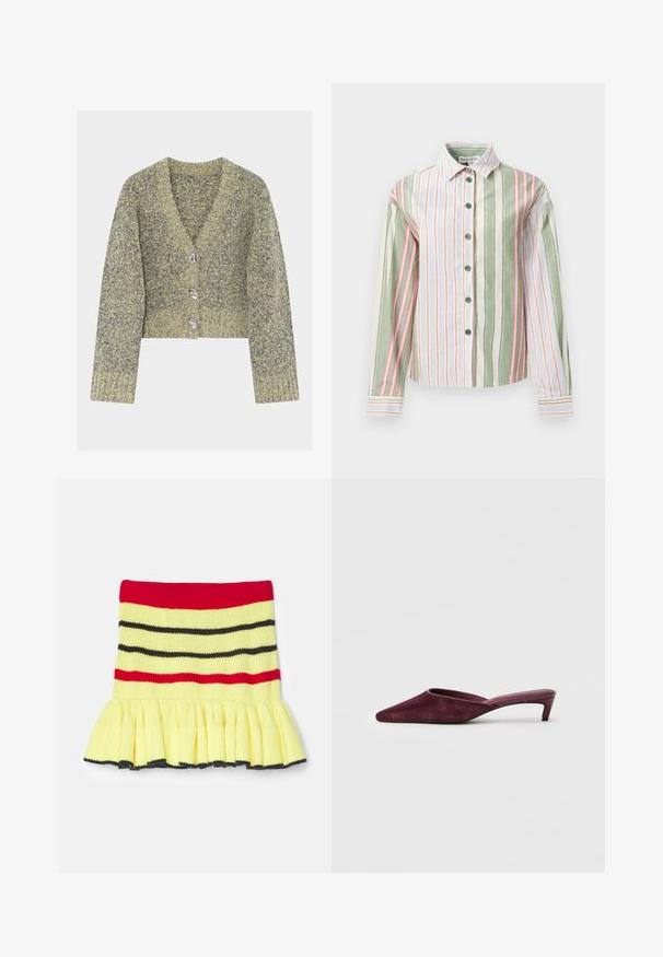 Lyhythihainen keskipitkä neuletakki, jossa on tekstuuri neulos ja vihreän ja harmaan sävyjen sekoitus. Takissa on neljä hopeanväristä nappia ja V-kaula-aukko.; Raitapaitainen nappipaita vihreästä, valkoisesta ja vaaleanpunaisesta. Ominaisuuksiin kuuluu kaulus, pitkät hihat ja kaareva helma, jossa on kontrastiväriset hihansuut ja napit.; Neulehame keltaisena, jossa on punaisia, mustia ja tummanharmaita raitoja. Rypistyneet helma ja ribbikuviointi vyötäröllä.; Burgundiru mulo, kurie pagaminti iš minkštos zomšos, turi smailą nosį, atvirą nugarėlę ir liesą, žemą kulną, suteikiančią elegantišką siluetą.