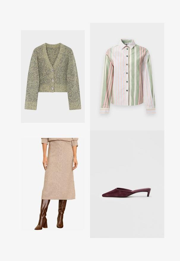 Cardigan scurt cu mâneci scurte, tricotat cu textura într-un amestec de culori verde și gri, având patru nasturi argintii și un decolteu în V.; Camasa cu dungi în culorile verde, alb și roz. Dispune de guler, mâneci lungi și o terminație curbă cu manșete și nasturi în contrast.; O femeie poartă un pulover bej tricotat și o fustă midi asortată, îmbrăcată cu cizme elegante maro până la genunchi, stând cu încredere.; Muli burgundii din suede moale, cu vârf ascuțit, spate deschis și un toc subțire, joai pentru o siluetă elegantă.