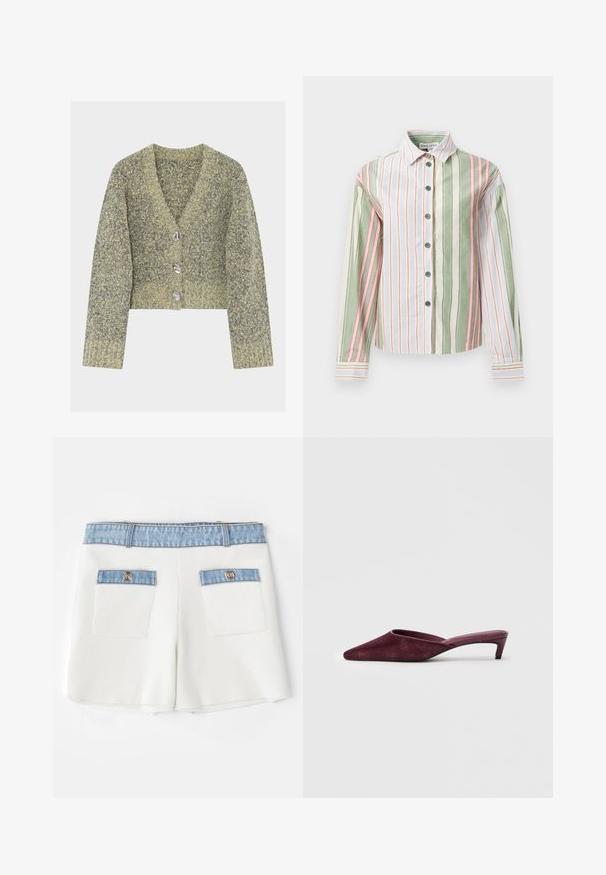 Cardigan cropped a maniche corte in maglia strutturata con una combinazione di colori verde e grigio, caratterizzato da quattro bottoni color argento e un design con scollo a V.; Camicia a righe verde, bianca e rosa. Presenta un colletto, maniche lunghe e un orlo curvo con polsini e bottoni a contrasto.; Maje IRSALA - Shorts - ecru; Mule bordeaux realizzate in morbido suede, con punta affusolata, retro aperto e un tacco sottile e basso per una silhouette elegante.