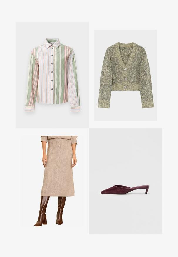 Kurzärmeliges, kurz geschnittenes Strickjacke aus strukturiertem Strick mit einer Mischung aus Grün- und Grautönen, ausgestattet mit vier silberfarbenen Knöpfen und einem V-Ausschnitt.; Gestreiftes Hemd in Grün, Weiß und Pink. Verfügt über einen Kragen, lange Ärmel und einen gebogenen Saum mit kontrastierenden Manschetten und Knöpfen.; Eine Frau präsentiert einen beigen Strickpullover und einen passenden Midi-Rock, kombiniert mit stilvollen braunen kniehohen Stiefeln, und steht selbstbewusst.; Burgunderfarbene Mules aus weichem Wildleder, mit spitzem Zehenbereich, offener Rückseite und einem schlanken, niedrigen Absatz für eine elegante Silhouette.