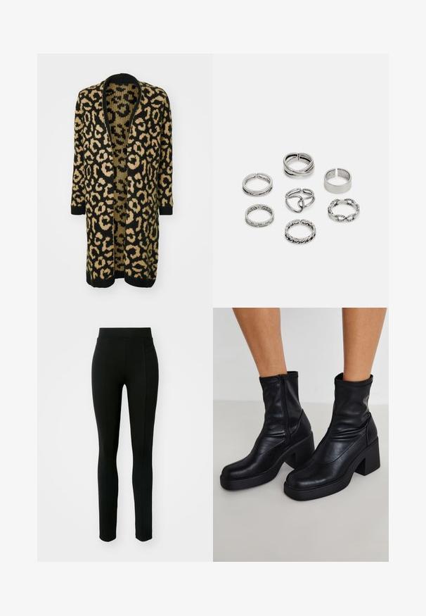 Fekete és bézs leopárdmintás kardigán, laza szabással, nyitott elülső résszel és hosszú ujjal, puha kötött anyagból készült.; Fekete, hosszú ujjú body, magas nyakkal, melynek testrésze sima anyagból készült, míg az ujjai áttetsző hálós anyagból vannak, testhezálló fazonban.; Fekete leggings rugalmas anyagból, magas derékkal, karcsú szabással és két elülső zsebbel, látható varratok nélkül.; Fekete bőr bokacsizma magas blokk sarkakkal, oldalsó cipzárral, sima textúrával és hegyes orrformával.; Hét ezüst gyűrűből álló szett, különböző formákkal és szélességekkel, köztük csavart, összekapcsolt és gravírozott mintákkal.