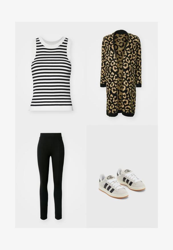 Leren vest met luipaardmotief in zwart en beige, met een losse pasvorm, open voorkant en lange mouwen, gemaakt van een zachte breimateriaal.; Geribbelde gebreide mouwloze top met zwart-witte horizontale strepen, ronde halslijn en een getailleerde pasvorm.; Zwarte leggings van rekbaar materiaal, met een hoge taille, slim fit en twee voorzakken zonder zichtbare naden.; Grijze nubucklederen sneakers met witte veters, zwarte strepen en een witte rubberen zool. Bevat een rond logo op de tong en een gumzool.