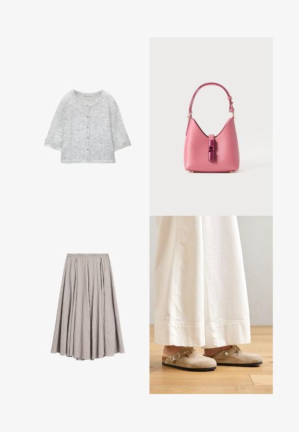 Lys grå strikket cardigan med rund halsudskæring, frontknapper, ¾ ærmer og en blød, tekstureret overflade.; Lyseblå skjorte med knaplukning, vertikale hvide og tynde røde striber, lange ærmer, klassisk krave og en buet kanten.; Lys grå midi-nederdel lavet af struktureret stof med lodrette plisseringer, der har en tætsiddende talje og en svagt udstående A-linjeform.; Beige ruskinds clogs med en spænde og nikkede accenter, iført med hvide brede bukser, sat på et trægulv.; Lyserød læderhåndtaske med en struktureret form, der har en blank accenteringslås og en enkelt justerbar rem. Tekstureret finish med guldhardware.