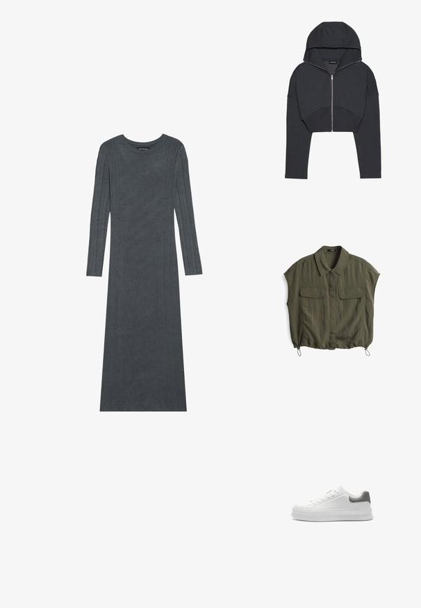 Korte zwarte hoodie van zacht materiaal met een ritssluiting aan de voorkant, grote capuchon en geribbelde manchetten. Heeft een minimalistisch ontwerp zonder patronen.; Olijfgroene shirt met korte mouwen, een kraag, twee voorzakken en een verstelbare trekkoordzoom. Gemaakt van een lichtgewicht, kreukvrij stof.; Langzaam, donkergrijs jurkje van zacht breiwerk. Heeft textuur met verticale strepen langs de mouwen en het lichaam. Ronde halslijn.; Witte sneaker met een gladde synthetische bovenkant, een gestructureerde grijze hielaccent, ronde neus en een dikke ribbelzool. Vetersluiting met minimale branding.