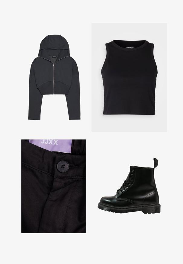 Rövidített fekete kapucnis pulóver puha anyagból, elöl zipzárral, nagy kapucnival és bordázott mandzsettákkal. Minimalista dizájnnal rendelkezik, minta nélkül.; Fekete bordás crop tank top kerek nyakkivágással és ujjtalan dizájnnal. Puha, rugalmas anyagból készült, tiszta, lekerekített szélű részletekkel.; Fekete szövet nadrág fekete gombos záródással, látható varrással és egy "JJXX" feliratú lila címkével.; Fekete bőrcipő kerek orral, fűzős kialakítással, hat fűzőlyukkal és texturált gumitalppal. Hátsó részén húzófül található.