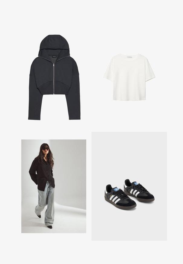 Kratka črna kapuca iz mehkega materiala z sprednjim zadrgo, velikim usnjenim pokrovom in rebrastimi manšetami. Ima minimalističen dizajn brez vzorcev.; Bela kratka majica s kratkimi rokavi iz bombaža. Ima okroglo izrezovanje in sproščen kroj. Gladka tekstura brez vidnih vzorcev ali poudarkov.; Črna srajca z gumbi, svetlo modri široki hlače in ostre črne pete. Model nosi velike temne sončne očale. Mehka osvetlitev, nevtralen ozadje.; Črne športne copate z zgornjim delom iz semiša in sintetičnih materialov, ki imajo tri bele črte, teksturiran gumijast podplat in modro označevalno oznako na jeziku.