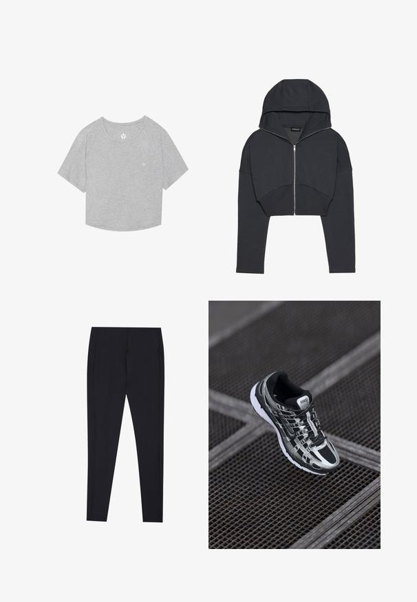 Trumpas juodas džemperis pagamintas iš švelnios medžiagos, su priekiniais užtrauktukais, dideliu gobtuvu ir gumbuotais rankogaliais. Pasižymi minimalistiniu dizainu be raštų.; Pilkas trumpas marškinėliai su trumpomis raglan rankovėmis, minkšta tekstūra ir maža logotipo spauda šalia kaklo. Apvalus hem pasturgalyje.; Juodos leggingai su prigludusia dizainu, lygiu tekstūru ir be matomų raštų. Yra šoninės siūlės ir švarus, minimalistinis siluetas.; Nike bėgimo bateliai su juodos ir sidabrinės spalvų schema, tinklinis viršus, tekstūruota padas ir raištelių sistema saugiam prigludimui.