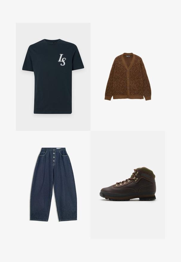 Bruine gebreide cardigan met een luipaardprintpatroon, V-hals, lange mouwen en vijf knopen aan de voorkant. Zachte textuur.; Navyblauwe katoenen T-shirt met korte mouwen, met een geborduurd "LS" logo op de linker borst. Standaard ronde hals ontwerp.; Donkerblauwe denim brede broek met een hoge taille, vijfknopen sluiting en vijf zakken. Heeft stiksels op de naden.; Bruine leren wandelschoen met groene stoffen rand. Voorzien van metalen vetershaken, rubberen zool en een gestructureerd profiel voor grip.