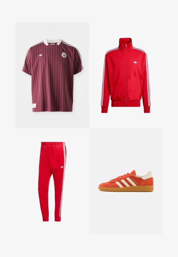 Casaco de fato de treino com fecho de correr vermelho, feito de tecido suave, com riscas brancas nas mangas e um pequeno logótipo branco no peito.; Camisola bordeaux com riscas brancas verticais, mangas curtas, colarinho branco com nervuras, logótipo da Adidas no lado esquerdo do peito e emblema no lado direito do peito.; Calças desportivas vermelhas de tecido liso, com riscas brancas laterais e um logótipo bordado na coxa esquerda. Cintura elástica.; Sapatilhas de camurça laranja com detalhes em pele branca, apresentando três riscas brancas e uma sola de borracha de côco. Logótipo "Spezial" na lingueta.