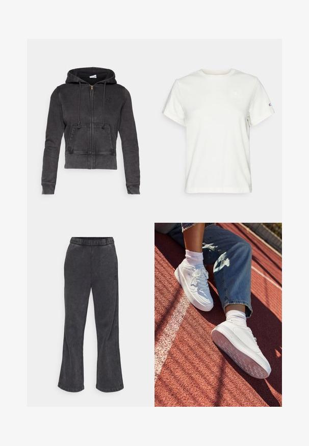 Hanorac scurt de culoare gri închis, fabricat dintr-un amestec de bumbac, cu fermoar frontat, șnururi ajustabile și o buzunar kangaroo. Prezintă un mic logo pe piept.; Tricou din bumbac alb, cu mânecă scurtă, de tip crew neck, având un mic logo pe partea superioară stângă a pieptului. Textură moale și croială standard.; Pantaloni de trening evazați din țesătură gri închis, cu o textură moale. Dispune de un talie elastică și un logo brodat pe lateral.; Adidași din piele albă cu vârf perforat, șireturi plate și talpă din cauciuc. Purtați cu șosete albe și blugi albaștri deschiși, pe o pistă de alergare roșie.