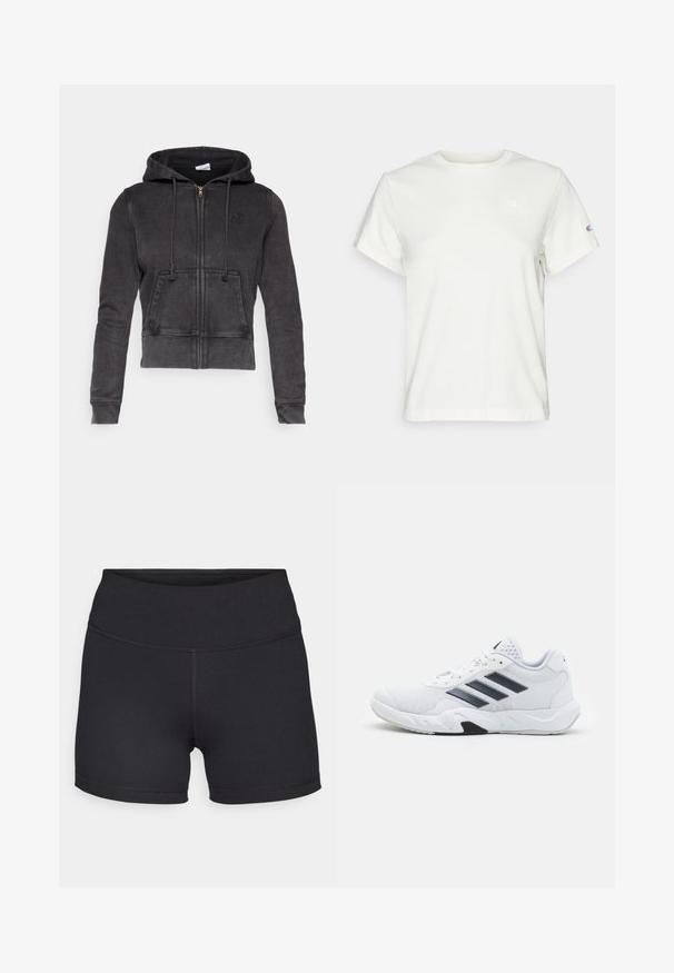 Tmavosivá skrátená mikina s kapucňou vyrobená z bavlneného zmesi, s predným zipsom, nastaviteľnými šnúrkami a klokankovou kapsou. Obsahuje malé logo na hrudi.; Biele krátke rukávy bavlnené tričko s okrúhlym výstrihom a malým logom na hornej ľavej hrudi. Mäkká textúra a štandardný strih.; Champion TRAINING SOFT TOUCH BIKER SHORTS - Legíny - black; Biele športové topánky s ventilovaným vrchom, tromi čiernymi pruhmi po stranách, textúrovanými akcentmi a pevným gumovým podošvom s kontrastnou čiernou časťou.