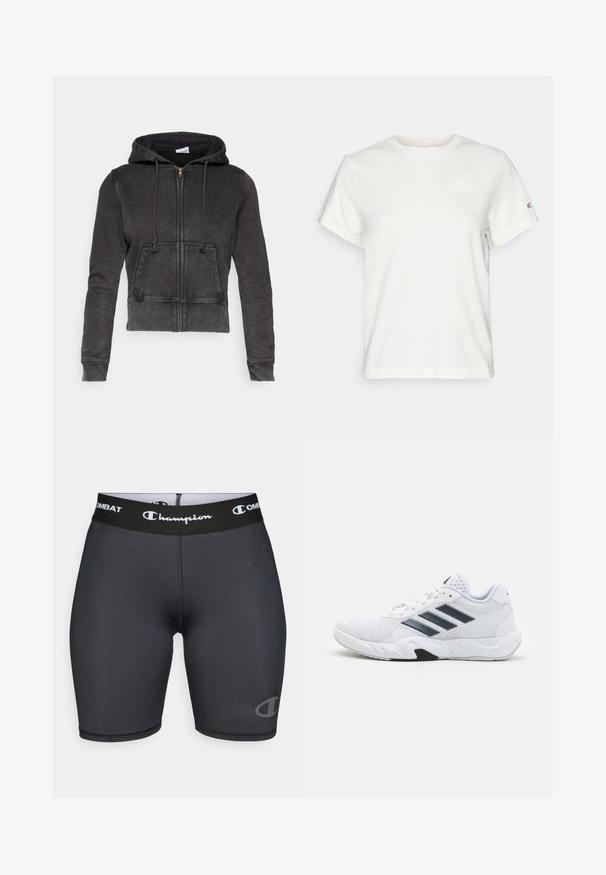 Donkergrijze cropped hoodie van een katoenmix met een voorrits, verstelbare koorden en een kangoeroezak. Heeft een klein logo op de borst.; Witte katoenen T-shirt met korte mouwen en een ronde hals, voorzien van een klein logo op de bovenste linkerborst. Zachte textuur en standaard pasvorm.; Zwarte sportbroekjes met een Champion-logo en Combat-branding op een brede tailleband. Gemaakt van glad, rekbaar materiaal.; Witte sportieve schoen met een bovenwerk van mesh, drie zwarte strepen aan de zijkant, gestructureerde accenten en een stevige rubberen zool met een contrasterend zwart gedeelte.