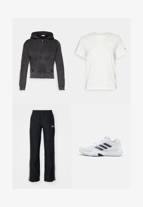 Temno siv krojeni hoodie iz mešane bombažne tkanine, z sprednjim zadrgo, nastavljivimi vrvicami in kenguru žepom. Značilna je majhna oznaka na prsnem delu.; Bela kratka bombažna majica s kratkimi rokavi in krožnim izrezom ter majhnim logotipom na zgornjem levem prsnem delu. Mehka tekstura in standardna prileganja.; Črne zunanjske hlače z elastičnim pasom, stranskimi žepi in roza logotipom. Imajo ravno obliko hlačnic in kontrastne sive detajle.; Bela atletska čevlja z mrežastim zgornjim delom, tremi črnimi črtami na strani, teksturiranimi dodatki in trdim gumijastim podplatom z kontrastnim črnim delom.