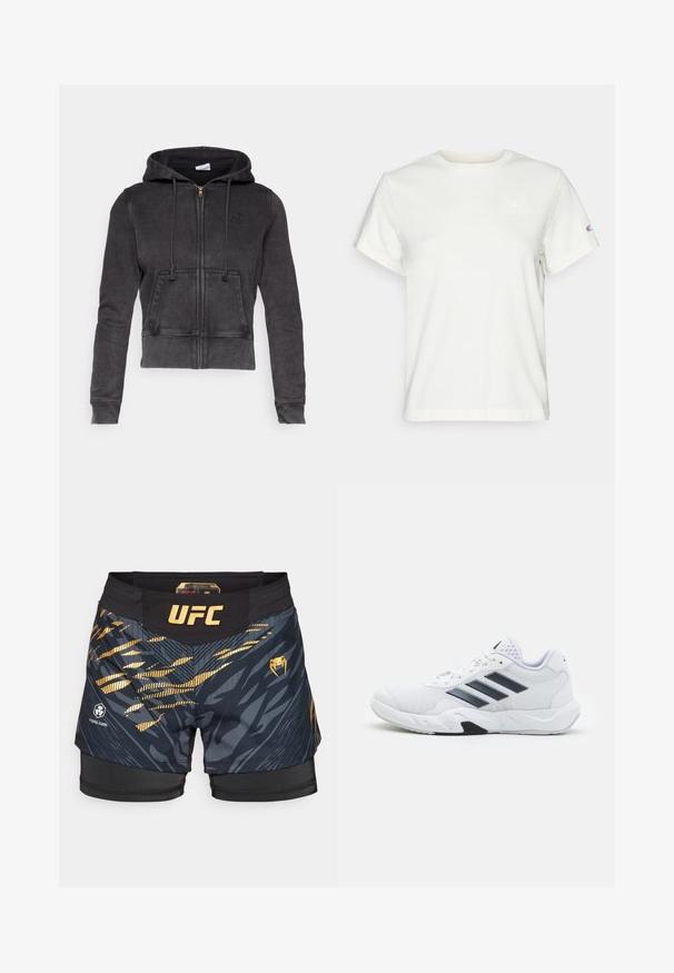 Tumši pelēks īsais kapuce sarkans, kas izgatavots no kokvilnas maisījuma, ar priekšējo zipu, regulējamiem šņorēm un kangaroo kabatu. Tam ir mazs logo uz krūšu.; Balta īsām piedurknēm kokvilnas T-kreklā ar apaļu kakla izgriezumu un mazu logotipu augšējā kreisajā krūtīs. Mīksta tekstūra un standarta izmērs.; Melni jauktās cīņas mākslu šorti ar dinamisku zelta grafiskā dizaina, UFC logo un cieši pieguļošu elastīgu jostasvietu. Strukturēta auduma akcenti.; Baltā sporta apavi ar sietu augšdaļu, trīs melnām svītrām sānos, teksturētām akcentiem un izturīgu gumijas zoli ar kontrastējošu melnu daļu.