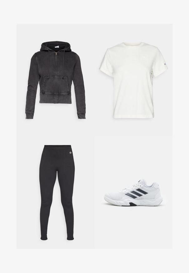 Hoodie court gris foncé en mélange de coton, avec une fermeture éclair à l'avant, des cordons de serrage réglables et une poche kangourou. Présente un petit logo sur la poitrine.; T-shirt blanc à manches courtes en coton avec un col ras du cou et un petit logo sur le haut de la poitrine gauche. Texture douce et coupe standard.; Leggings noirs en matériau extensible, dotés d'une taille haute et d'un petit logo sur la hanche gauche. Texture lisse.; Baskets blanches avec une tige en maille, trois rayures noires sur le côté, des accents texturés et une semelle en caoutchouc robuste avec une section noire contrastante.