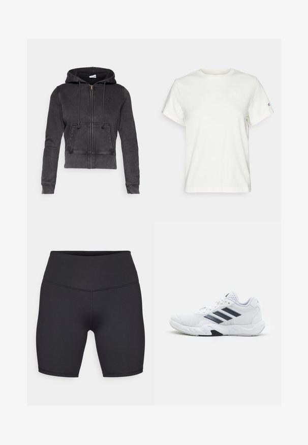 Dark gray cropped hoodie made of cotton blend with a front zipper, adjustable drawstrings, and a kangaroo pocket. Features a small logo on chest.; White short-sleeve cotton T-shirt with a crew neckline and a small logo on the upper left chest. Soft texture and standard fit.; Champion PERFORMANCE SOFT TOUCH BIKE SHORTS - Leggings - black; White athletic shoe with mesh upper, three black stripes on the side, textured accents, and a sturdy rubber sole with a contrasting black section.