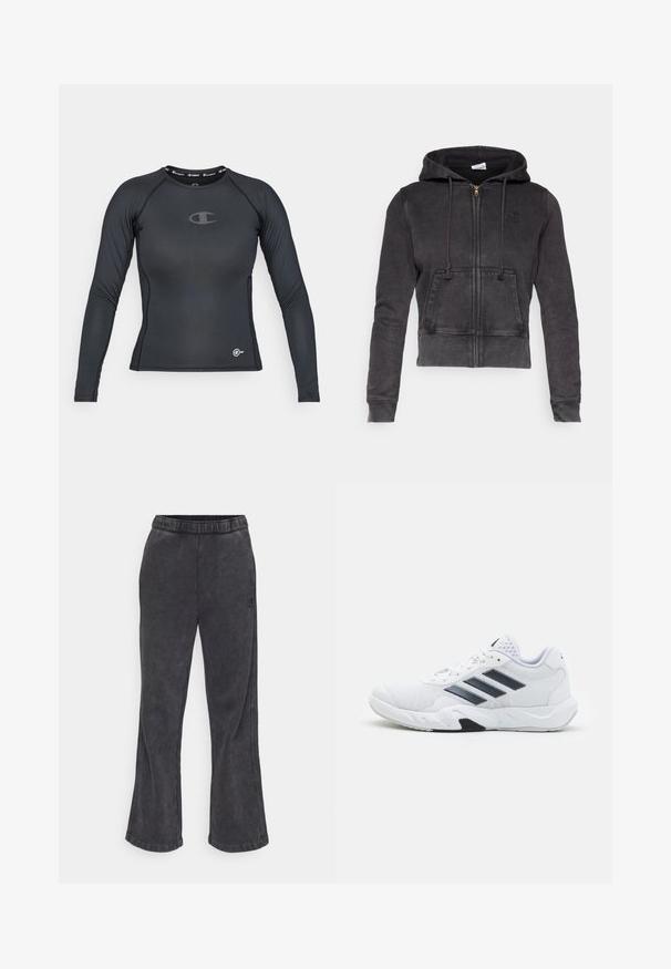 Mørkegrå cropped hoodie lavet af en blanding af bomuld med en frontlynlås, justerbare snore og en kengurulomme. Har et lille logo på brystet.; Sort langærmet træningsskjorte lavet af strækbart materiale, med rund halsudskæring og logo-detalje på brystet og i kanten.; Udsvingede sweatpants i mørkegrå stof med en blød tekstur. Har en elastisk talje og et broderet logo på siden.; Hvid atletisk sko med mesh-overdel, tre sorte striber på siden, strukturerede accenter og en robust gummisål med et kontrasterende sort område.