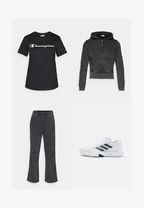 Hoodie cropped em cinza escuro, feito de uma mistura de algodão, com um fecho na frente, cordões ajustáveis e um bolso canguru. Apresenta um pequeno logótipo no peito.; T-shirt preta de algodão com mangas curtas, decote redondo e um grande logo branco "Champion" impresso na frente.; Calças de moletão largas em tecido cinza escuro com uma textura suave. Apresentam uma cintura elástica e um logótipo bordado na lateral.; Tênis atlético branco com parte superior em malha, três listras pretas de cada lado, detalhes texturizados e uma sola de borracha resistente com uma seção preta contrastante.