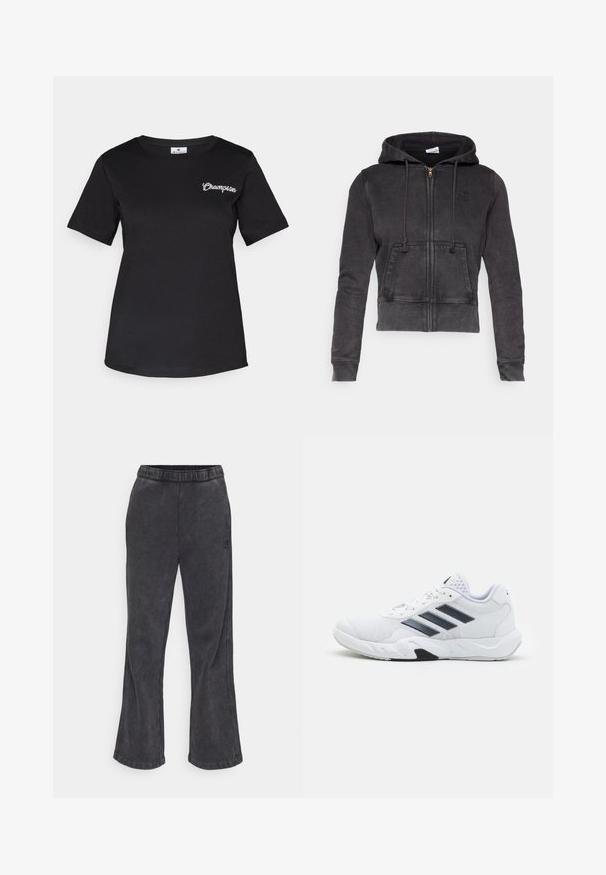 Tmavě šedá zkrácená mikina s kapucí vyrobená z bavlněné směsi, se zapínáním na zip vpředu, nastavitelnými šňůrkami a klokankou. Obsahuje malé logo na hrudi.; Černé tričko s krátkým rukávem vyrobené z bavlny, s malým bílým vyšitým logem "Champion" na levé straně hrudi. Klasický střih.; Zúžené tepláky ve tmavě šedé látce s měkkou texturou. Obsahují elastický pas a vyšívané logo na boku.; Bílé sportovní boty s vrškem ze síťoviny, třemi černými pruhy po stranách, texturovanými akcenty a odolnou gumovou podrážkou s kontrastní černou částí.