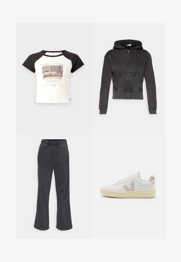 Sötétszürke, pamut keverékből készült, rövidített kapucnis pulóver, elől cipzárral, állítható húzózsinórral és kenguruzsebbel. Kicsi logó található a mellkasán.; Rövid ujjú póló fehér alappal és fekete raglán ujjal. Az elején nyomtatott grafika és szöveg található. Pamut keverékből készült.; Sötétszürke, puha anyagú, bővülő fazonú melegítőnadrág. Rugalmas derékpánttal és hímezett logóval a szijnen.; Fehér bőr sneaker bézs velúr részletekkel, perforált orr résszel, lapos fűzőkkel és textúrált krémszínű talppal. Finom márkajelzés található a sarkán.