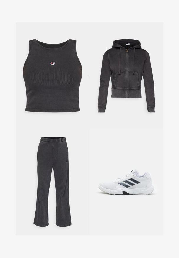 Tamno sivi skraćeni dukserica napravljena od mješavine pamuka s prednjim patentnim zatvaračem, podesivim vezicama i kenguruh džepom. Sadrži mali logotip na prsima.; Crni rebrasti kratki top s okruglim izrezom, sa malim izvezenim logom na prsima i uskim krojem.; Flare pantalone od tkanine tamno sive boje s mekim teksturom. Imaju elastičnu traku u struku i izvezeni logotip sa strane.; Bijela atletska cipela s mrežastim gornjim dijelom, tri crne pruge sa strane, strukturirani detalji i čvrst gumeni potplat s kontrastnim crnim dijelom.
