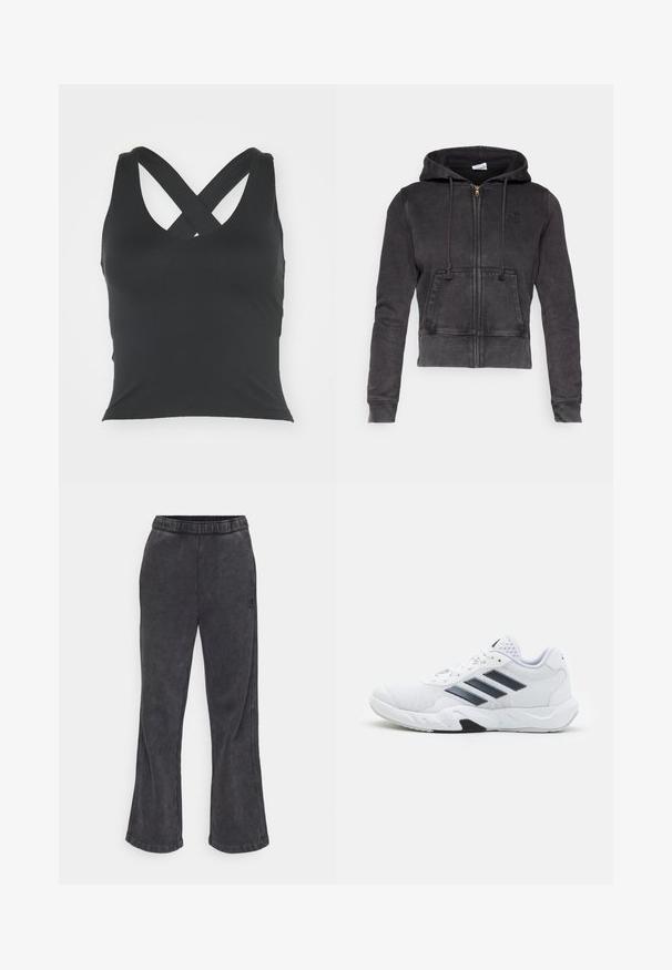 Tumehall villane lühike kapuutsiga jakk, millel on ees tõmblukk, reguleeritavad paelad ja ees varrukas. Rinnal on väike logo.; Mustale topsi, millel on ümara kaelaauguga ja ristuvad rihmad seljaosas. Valmistatud siledast kangast, millel on istuv siluett ja puuduvad nähtavad kaunistused.; Tumed värvid laienevad dressipüksid pehmest tumedast hallist kangast. Omavad elastset vöökohta ja külgedel on brodeeritud logo.; Valge spordijalats, millel on võrkpealne, kolm musta triipu küljepeal, tekstuuriga aktsendid ning tugev kummist tallaosa, millel on kontrastne must osa.