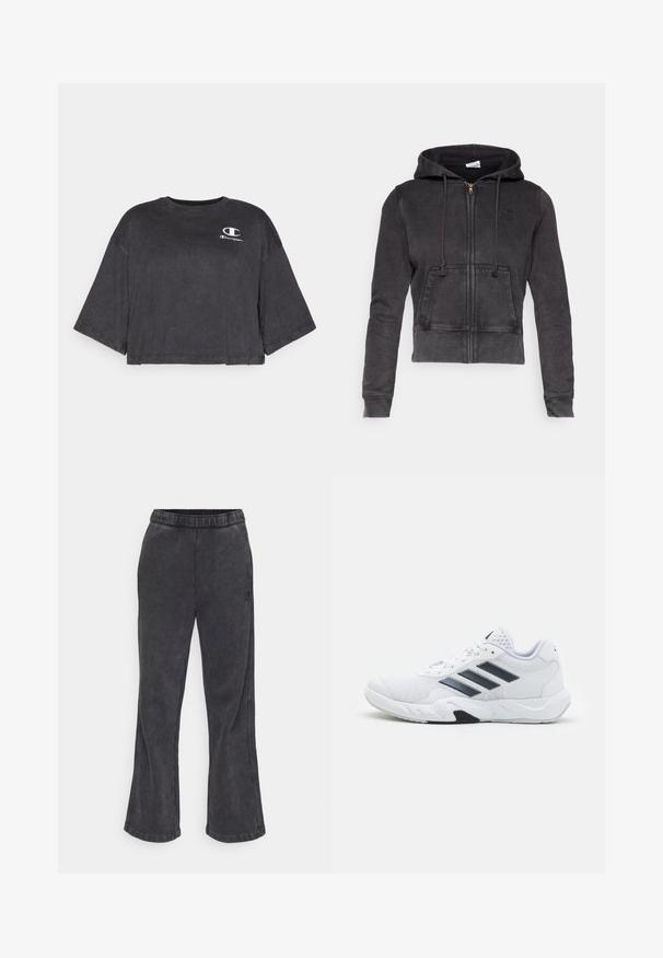Tmavě šedá zkrácená mikina s kapucí vyrobená z bavlněné směsi, se zapínáním na zip vpředu, nastavitelnými šňůrkami a klokankou. Obsahuje malé logo na hrudi.; Zkrácené černé bavlněné tričko s kulatým výstřihem a širokými rukávy, s malým bílým logem Champion na hrudi.; Zúžené tepláky ve tmavě šedé látce s měkkou texturou. Obsahují elastický pas a vyšívané logo na boku.; Bílé sportovní boty s vrškem ze síťoviny, třemi černými pruhy po stranách, texturovanými akcenty a odolnou gumovou podrážkou s kontrastní černou částí.