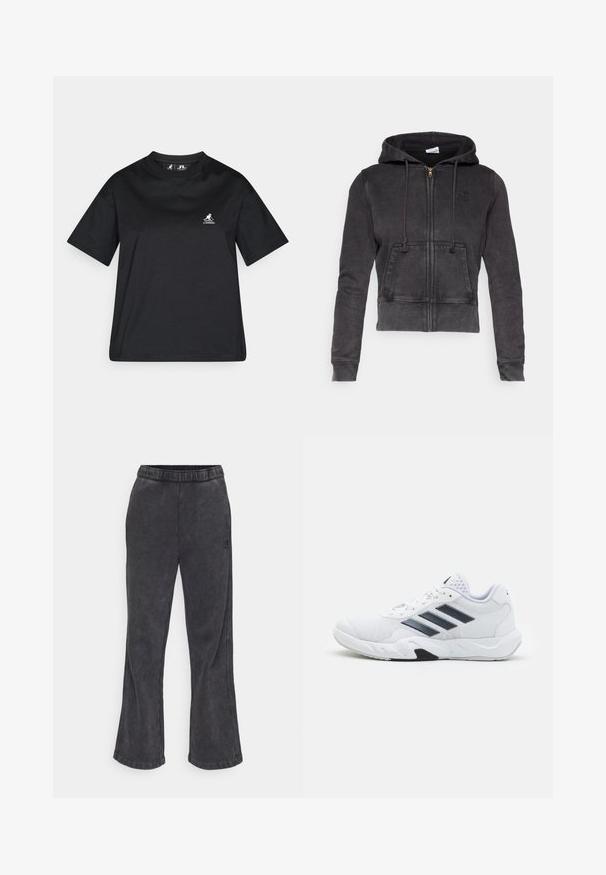 Hoodie cropped em cinza escuro, feito de uma mistura de algodão, com um fecho na frente, cordões ajustáveis e um bolso canguru. Apresenta um pequeno logótipo no peito.; T-shirt de algodão preto com decote redondo, mangas curtas e um pequeno logotipo branco no lado esquerdo do peito. Textura suave, corte relaxado.; Calças de moletão largas em tecido cinza escuro com uma textura suave. Apresentam uma cintura elástica e um logótipo bordado na lateral.; Tênis atlético branco com parte superior em malha, três listras pretas de cada lado, detalhes texturizados e uma sola de borracha resistente com uma seção preta contrastante.