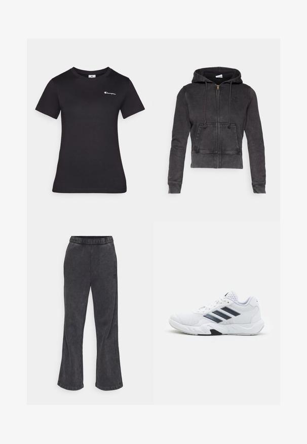 Felpa corta grigio scuro in misto cotone con zip frontale, cordini regolabili e tasca a marsupio. Presenta un piccolo logo sul petto.; T-shirt nera a maniche corte in cotone, con un piccolo logo ricamato sul petto. Design classico con colletto rotondo e una texture morbida.; Pantaloni della tuta svasati in tessuto grigio scuro con una texture morbida. Presentano un elastico in vita e un logo ricamato sul lato.; Scarpa sportiva bianca con tomaia in mesh, tre strisce nere sui lati, dettagli testurizzati e una suola in gomma robusta con una sezione nera a contrasto.