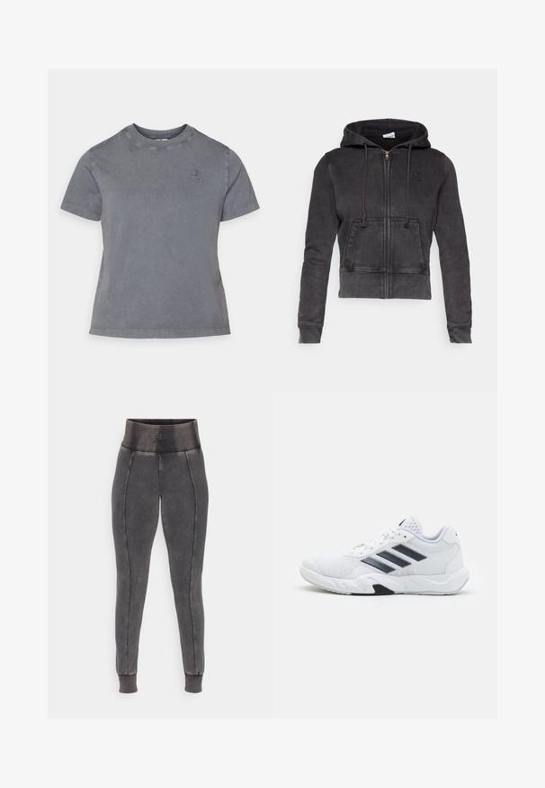 Tumehall villane lühike kapuutsiga jakk, millel on ees tõmblukk, reguleeritavad paelad ja ees varrukas. Rinnal on väike logo.; Hallitusekaelaga, lühikeste varrukatega hall puuvillane T-särk, millel on rinnal väike tikandiga logo. Pehme tekstuur ja mugav disain.; Hallid hallid retuusid, millel on kõrge elastne vöökoht, kontrastsete õmblustega ja soonikuÊlehed pahkluude juures, et tagada tihe sobivus.; Valge spordijalats, millel on võrkpealne, kolm musta triipu küljepeal, tekstuuriga aktsendid ning tugev kummist tallaosa, millel on kontrastne must osa.