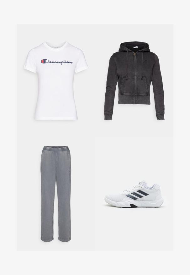 Mørkegrå, kort hoodie laget av bomullsblanding med frontglidelås, justerbare snorbind og kengurulomme. Har en liten logo på brystet.; Hvit bomulls T-skjorte med rund hals og korte ermer, prydet med et marineblått og rødt "Champion"-logo på brystet.; Grå joggebukser med elastisk midjebånd, sidelommer og logo. Glatt stoff, rett ben-design og minimale sømdetaljer.; Hvit sportsko med mesh-overdel, tre svarte striper på siden, teksturerte detaljer og en solid gummisåle med en kontrasterende svart seksjon.