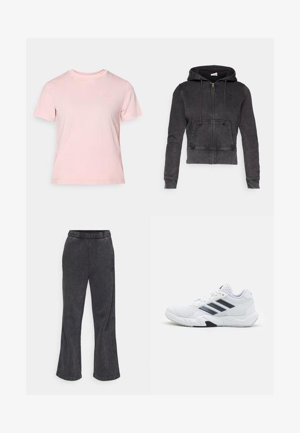 Mørkegrå cropped hoodie lavet af en blanding af bomuld med en frontlynlås, justerbare snore og en kengurulomme. Har et lille logo på brystet.; Pink bomulds t-shirt med korte ærmer, rund halsudskæring og diskret broderet logo. Glat tekstur og afslappet pasform.; Udsvingede sweatpants i mørkegrå stof med en blød tekstur. Har en elastisk talje og et broderet logo på siden.; Hvid atletisk sko med mesh-overdel, tre sorte striber på siden, strukturerede accenter og en robust gummisål med et kontrasterende sort område.