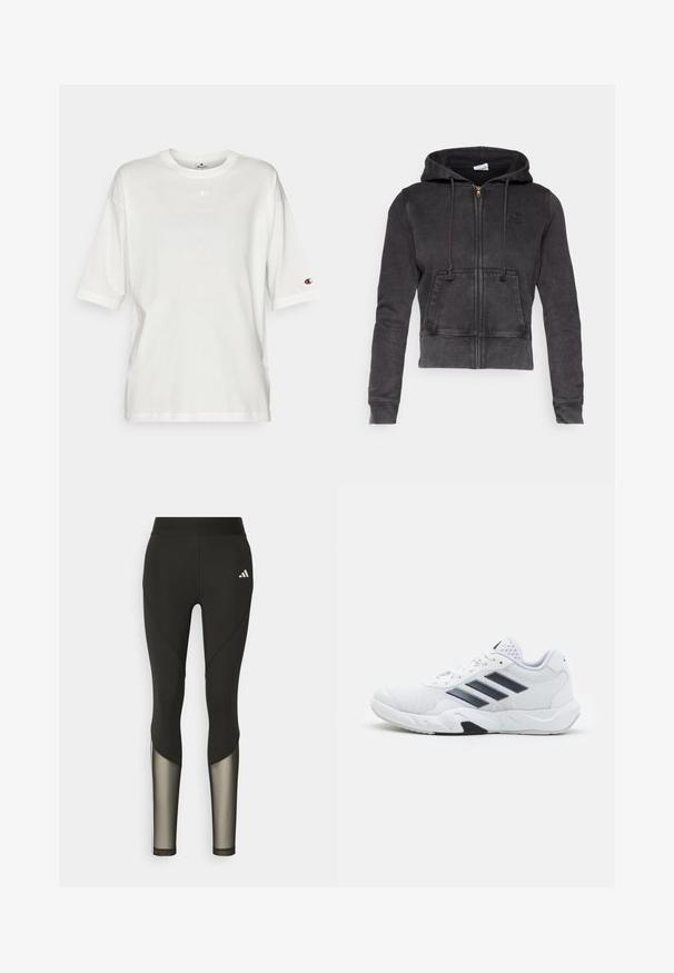 Dark gray cropped hoodie made of cotton blend with a front zipper, adjustable drawstrings, and a kangaroo pocket. Features a small logo on chest.; Champion ICONS OVERSIZE CREWNECK - Print T-shirt - white; Black athletic leggings with a high waistband, featuring mesh accents on the lower legs and an embroidered logo on the hip.; White athletic shoe with mesh upper, three black stripes on the side, textured accents, and a sturdy rubber sole with a contrasting black section.